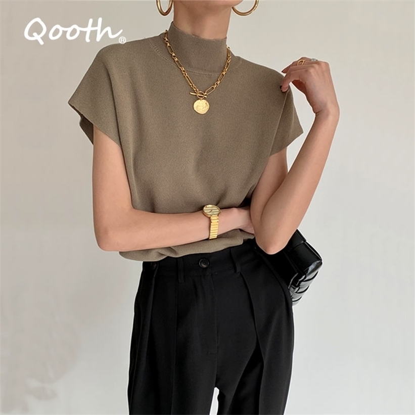 

Qooth Solid Stand-up Collar Knitted Vest Short Sleeve Office Lady All Match Fashion Shirt Loose Elegant Straight Tops QT908 220322, Mustard yellow