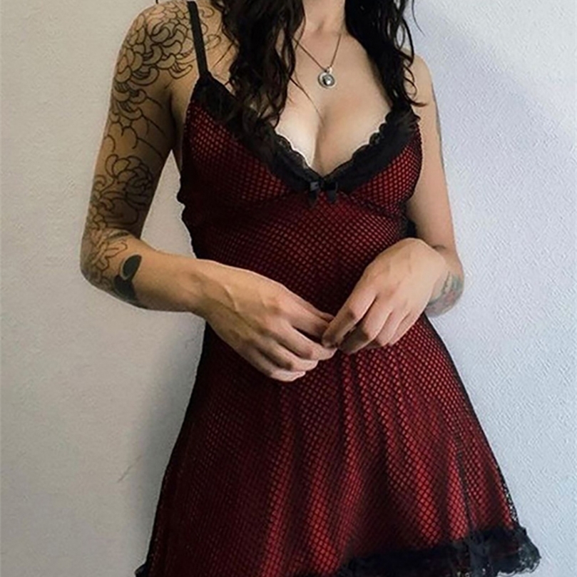 Goth Dark Lace Patchwork Mall Gothic Women Dresses Grunge Aesthetic Punk ALine Alt Clothes Emo Sexy Vneck Sling Partywear Dress 220527