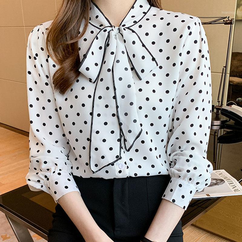 

Women' Blouses & Shirts Wave Point Bow Ribbon Shirt Long Sleeve Top 2022 Autumn Chiffon Blusas Drop Ladies Tops Mujer White 1298