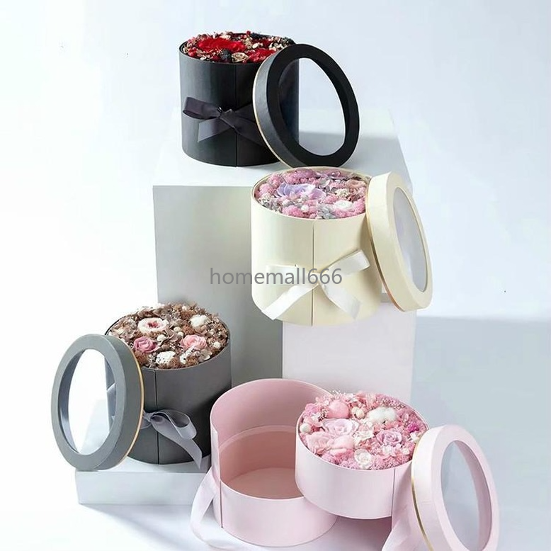 

Double Layer Round Flower Paper Boxes with Ribbon Creative Rose Bouquet Gift Wrap Packaging Cardboard Box Valentine's Day Wedding Decoration AA