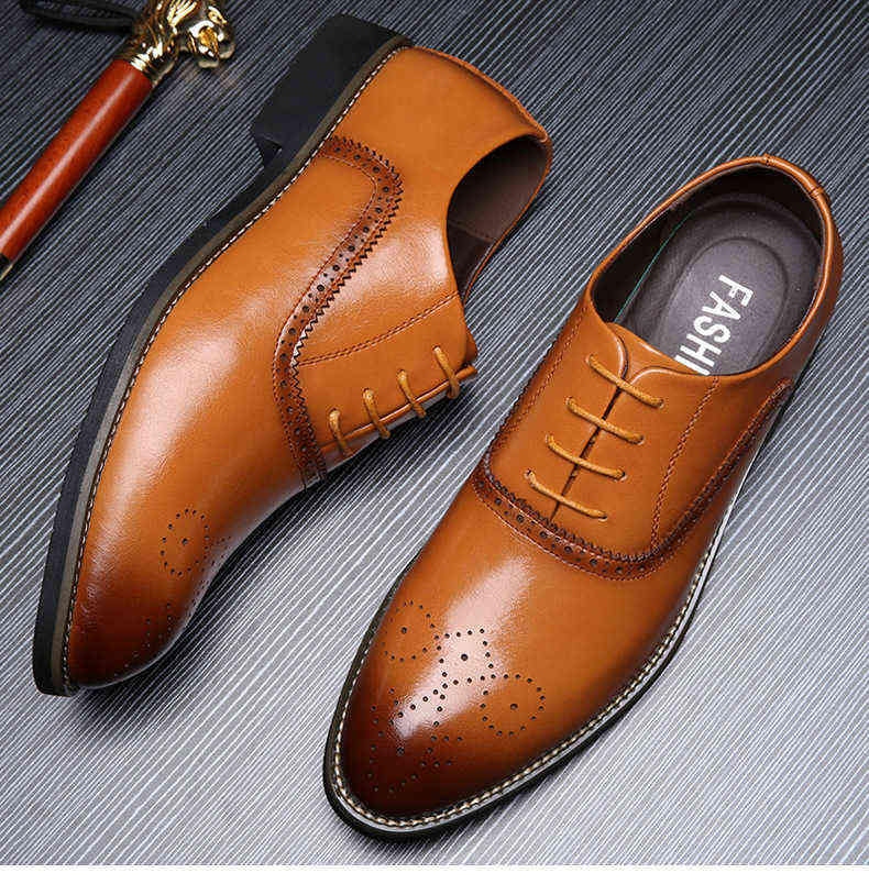 

Block carved formal dress men's business British Handmade Leather pointed wedding fashion shoes, Black