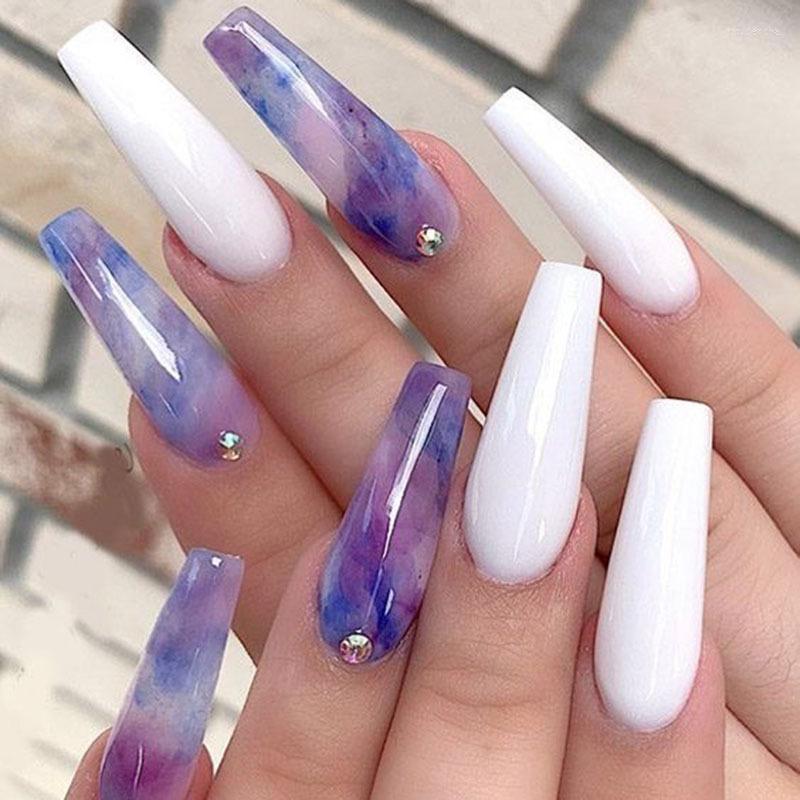 

False Nails European Long Coffin Fake Mist Purple Simple Pattern Fingernail Full Acrylic Ballerina Nail Art Tips Wave Line Design Prud22, Hh10