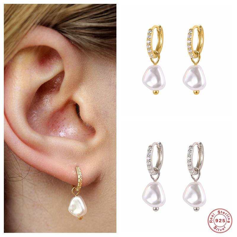 

Hoop & Huggie Aide 925 Sterling Silver Irregular Pearl Beads Pendant Earrings For Women Shiny Zircon Pave Circle JewelryHoop