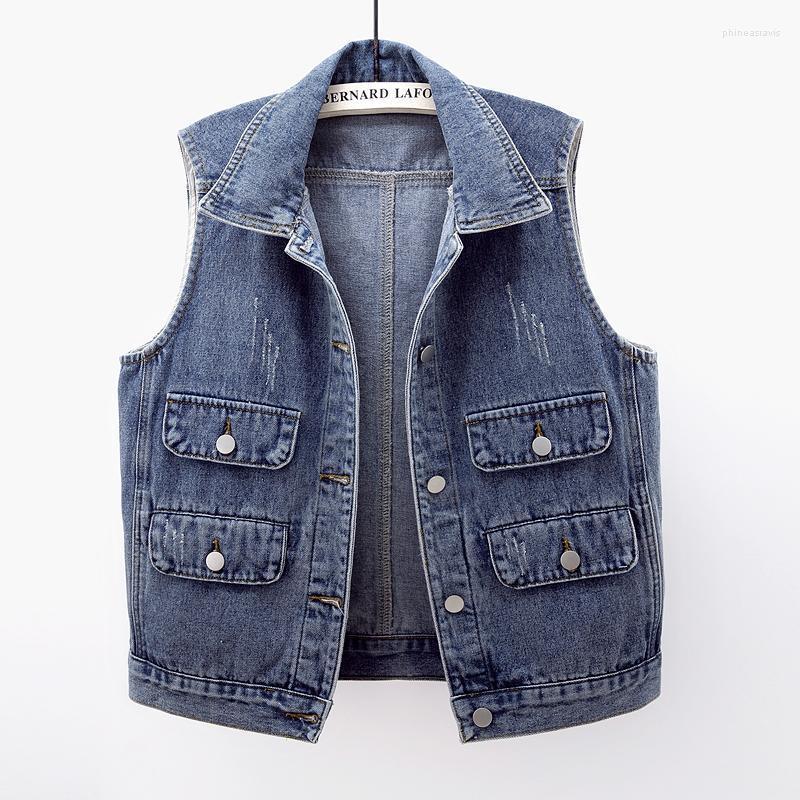 

Women's Vests Vintage Blue Black Frayed Big Pocket Denim Vest Women Waistcoat Loose Short Cowboy Sleeveless Jacket Korean Jeans FemaleWomen'