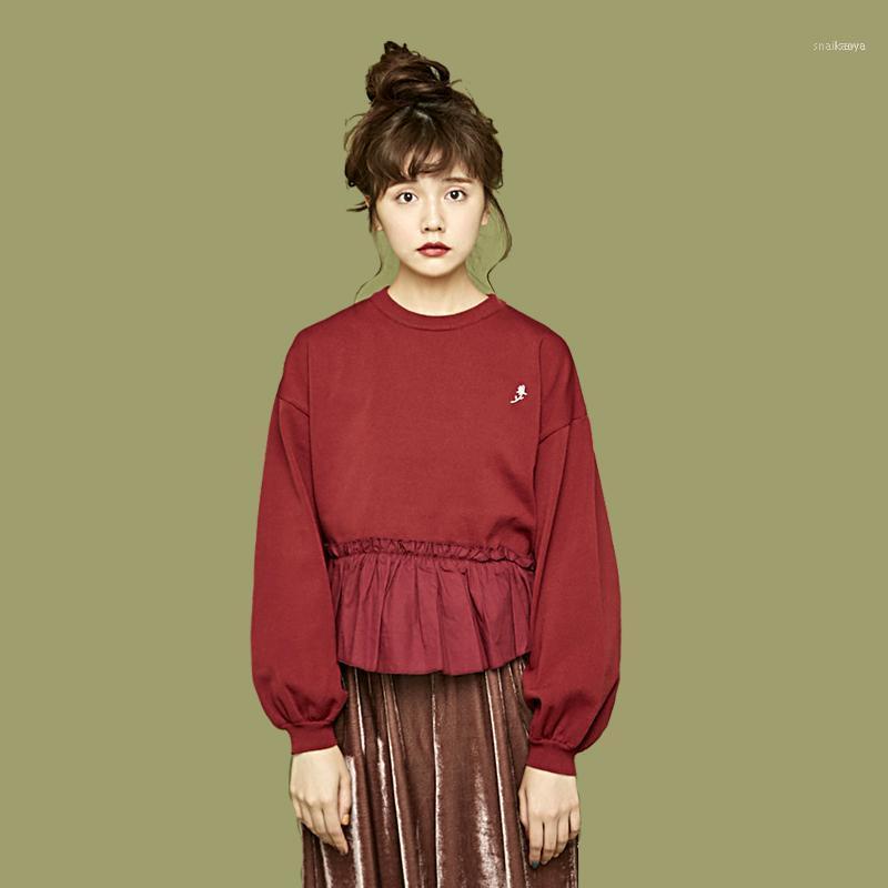 

Women's Hoodies & Sweatshirts Japan Style Women Pullovers Tops Patchwork Ruffles Hem Lantern Sleeve ONeck Flower Embroidery Cotton Sweet Fem, Red