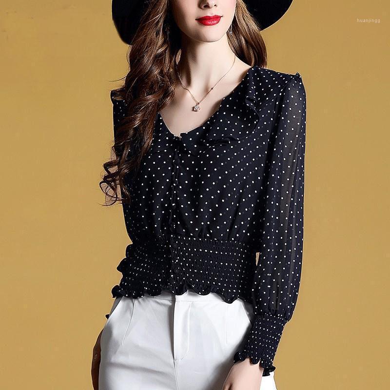 

Women' Blouses & Shirts Sweet V-neck Polka Dot Printed Shirt Female Lantern Sleeves Ruffled Waist Slim Slimming Long-sleeved Chiffon Women, Black