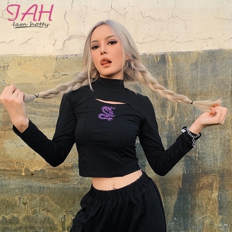 

Iamty Dragon Printed Hollow Out Black Shirt Turtleneck Autumn Basic Tshirt Casual Solid Color Crop Top Long Sleeve Tees Y200412