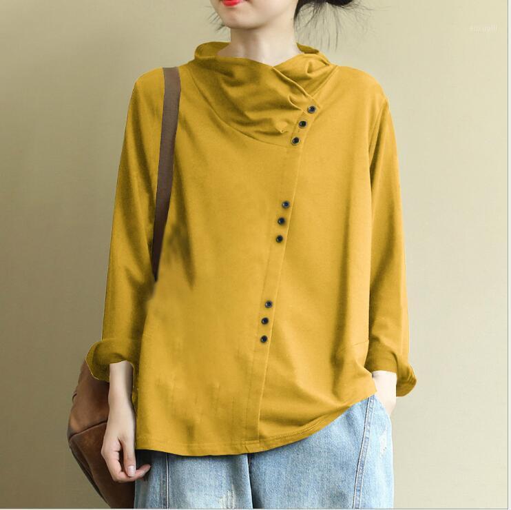 

High Neck Blouse Women Solid Side Button Decoration Autumn Winter Vintage Long Sleeves Oversized Tops Shirt Blusas Mujer De Moda Women's Blo, Black