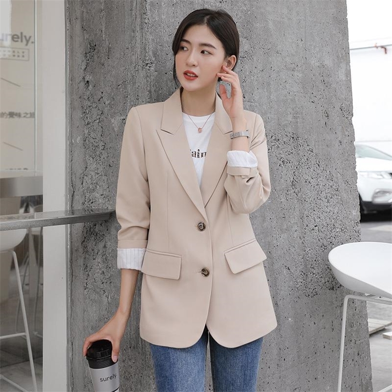 

Peonfly Autumn Fashion Blazer Jacket Women Casual Korean Pockets Long Sleeve Coat Office Ladies Solid Loose Blazer 220402, Apricot