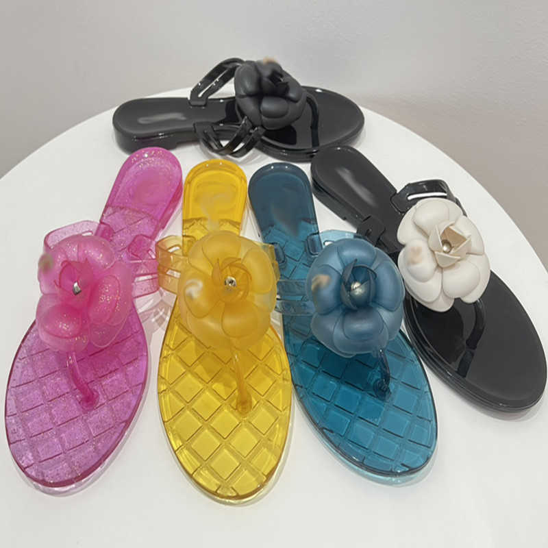 

2022 Fashion Women Camellia Flower Thong Sandal Clear Glitter Jelly Slides Slippers Transparent Crystal PVC Beach Shoes Flats Slip On Flip Flops Designer Slider, Fill postage