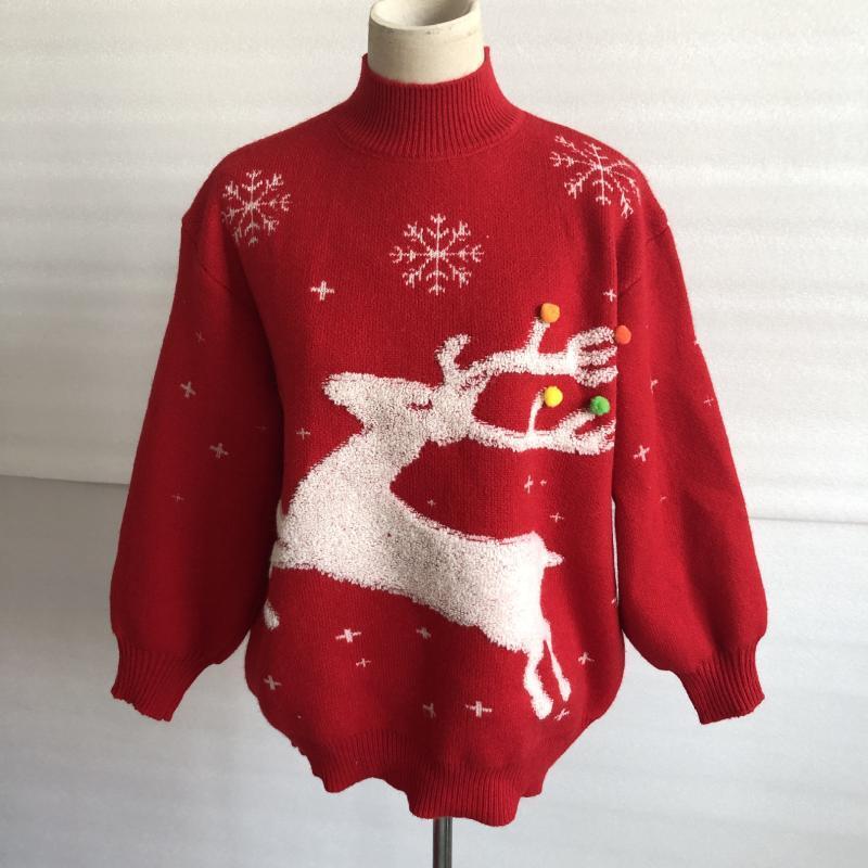 

Women' Sweaters 2022 Autumn Winter Warm Turtleneck Sweater Sweet Deer Snow Jacquard O-neck Knit Pullovers Loose Comfort Long Sleeve Jumpers, Red