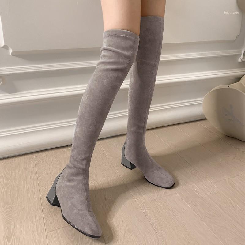 

Womens Over The Knee Thigh High Boots 2022 Winter Ladies Shoes Suede Middle Block Heels Stretch Socks Long Size 42 43, Black