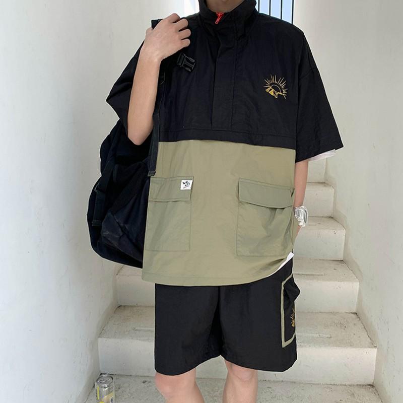 

Men's Tracksuits Summer Men Set Clothing Short Sleeve Jacket And Shorts Half Zipper Contrast Color Fashion Tracksuit Jogging Suit ManMen's, Black green