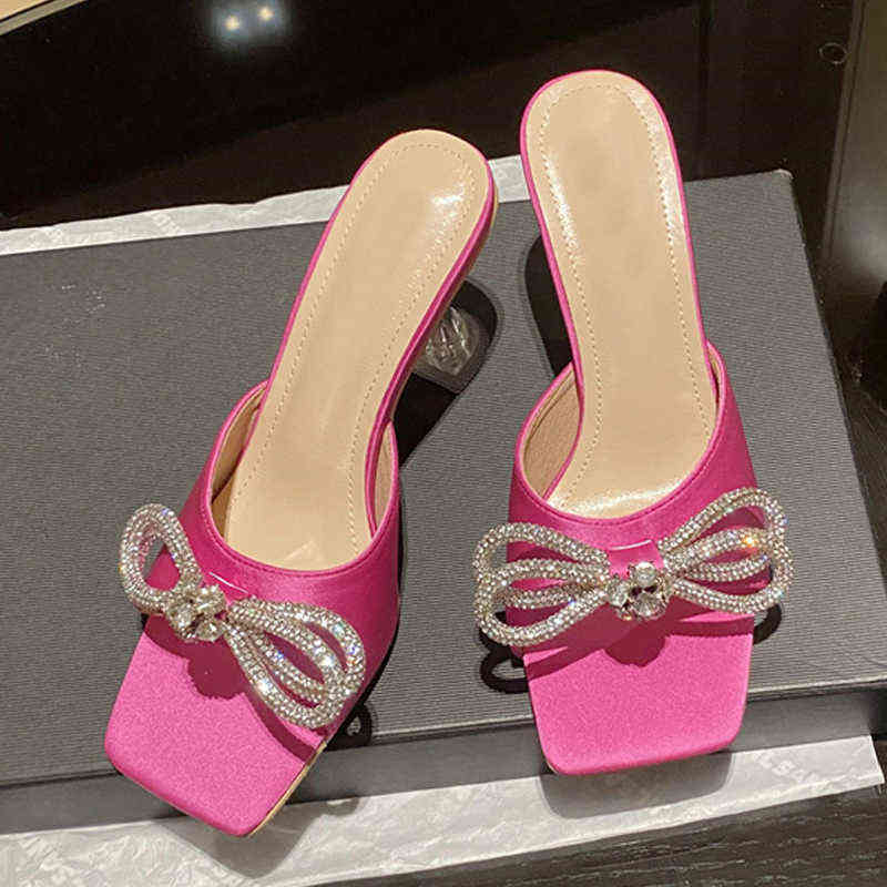 

Liyke Runway Style Glitter Rhinestones Women Transparent Strange High Heels Slippers Crystal Bowknot Satin Summer Sandals Shoes 220530, Mei red