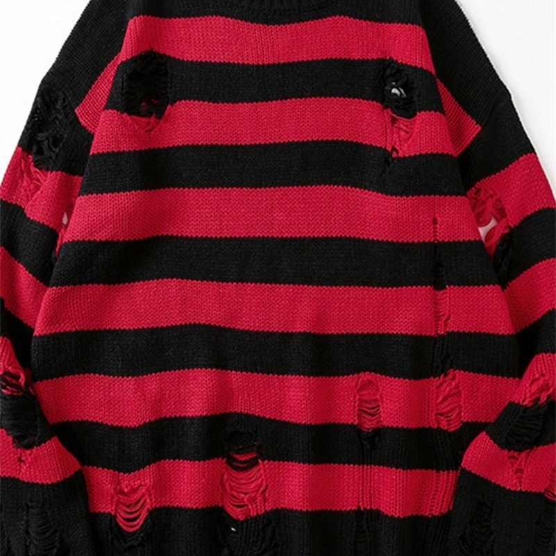 

Striped Sweaters Women Punk Unisex Sweater Autumn Hollow Out Hole Broken Jumper Loose Oversized Pullouvers Harajuku Streetwear 220813, Dark green