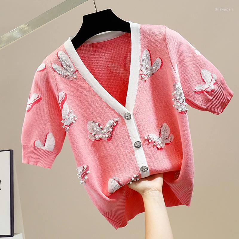 

Women's Knits & Tees Beads Drilling Fashion Knit Cardigan T-shirt Contrast Color Puff Sleeve V-neck Printed Thin Sweater Female Summer Knitw, Pink