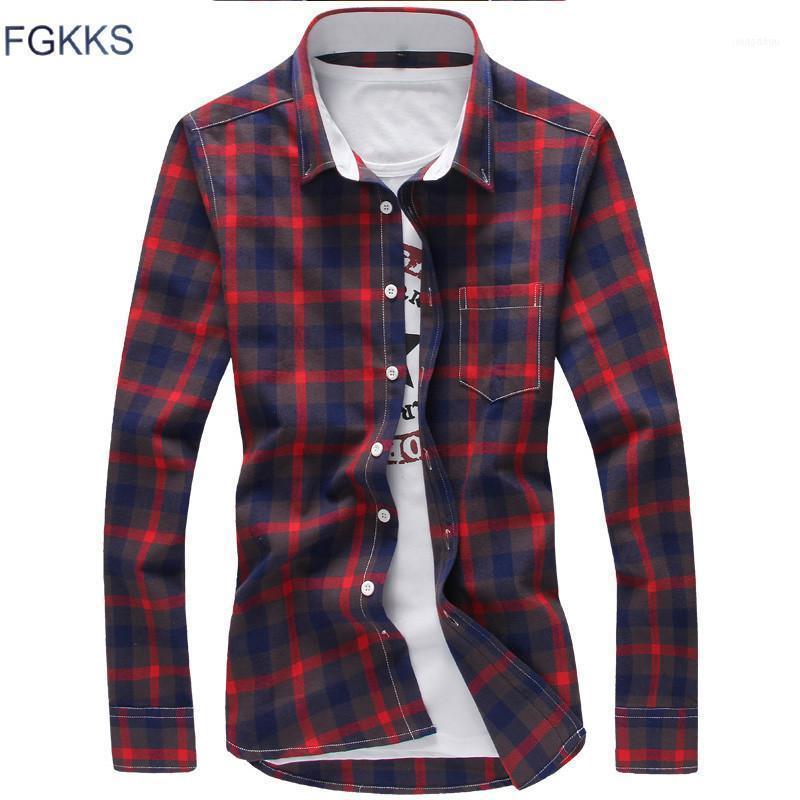 

Wholesale- FGKKS Arrival Plaid Men Shirt Spring Brand Fashion Slim Fit Long Sleeve Casual Quality Cotton Shirts Male Clothing1, Yellow brown