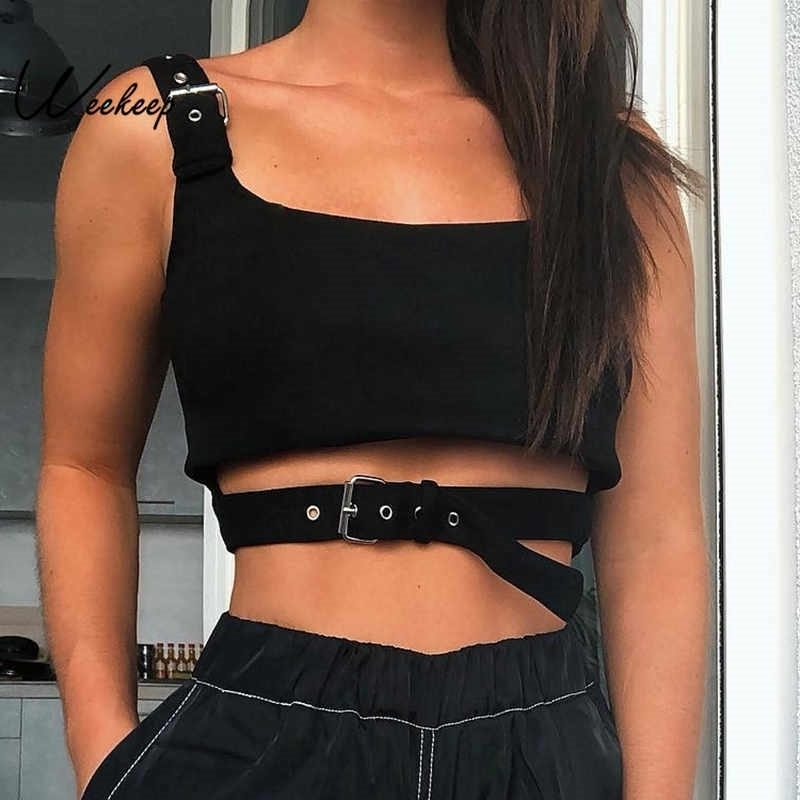 

Weekeep Sexy Black Hollow Out Buckle Tank Top Women Cropped Streetwear Backless Tank Tops Summer Fashion Befree Crop Top Y200422