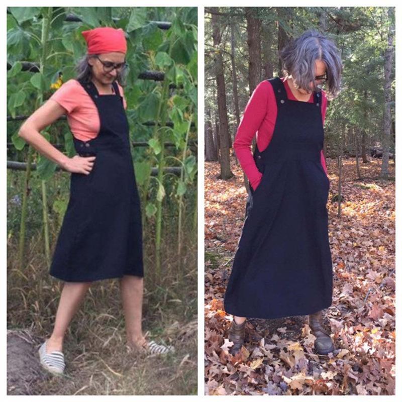 

Casual Dresses Loose Cotton Overalls Women Tank Adjustable Strap Sleeveless Summer Dress Solid Big Pockets Robe Femme Sundress, Navy blue