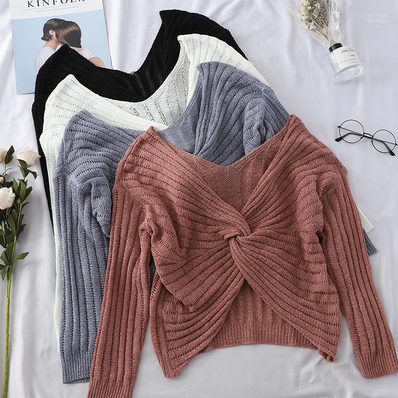 

Women's Sweaters Women Sweater Pullovers Thin Spring And Autumn Simple V-collar Knitted Blouse Female Dew Back Top Jemi22, Black