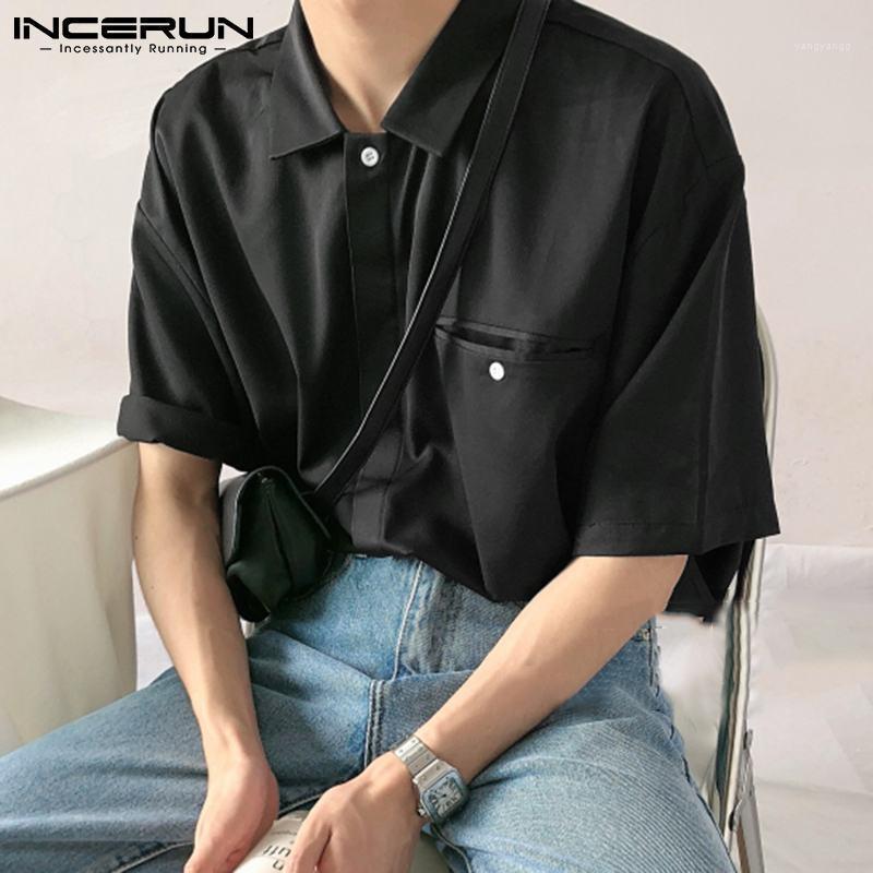 

Short Sleeve Turn Down Collar Blouse INCERUN Men Leisure Solid Color Shirt Man Casual Button Camisa Korean Style Pockets Blusas Men' Shirts, Beige