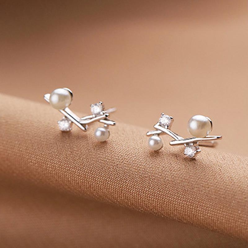

Stud 925 Sterling Silver Earrings For Women Jewelry Elegant Zircon Pearl Small Branches Girl Engagement Ear AccessoriesStud