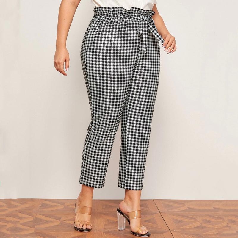 

Women's Plus Size Pants Paperbag Waist Summer Elegant Gingham Elastic Pocket Side Ankle Length Casual Plaid Pencil 6XLWomen's, Black