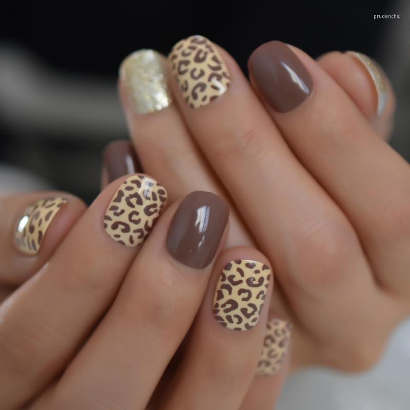 

False Nails Sexy Leopard Print Brown Abs Nail Art Short Round Artificial Sparkling Designed Pattern 24pieces Prud22, Z441