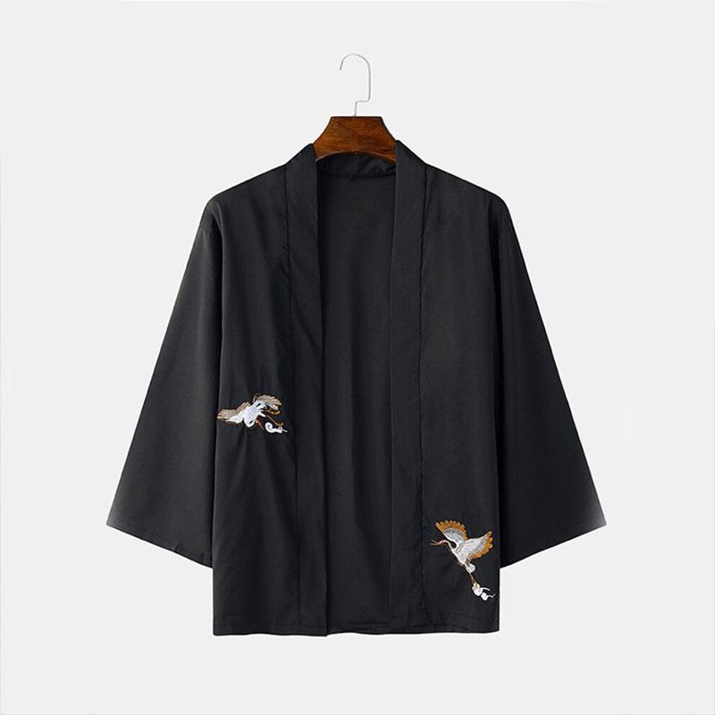 

Men's Casual Shirts Japanese Embroidered Open Stitch Shirt Street Wear Loose V-Neck Button 3/4 Sleeve Fashion Black Vintage 2022, White;black