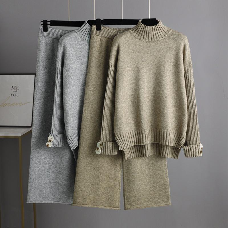

Women's Two Piece Pants Autumn Winter Knitted Suit Women's Half Turtleneck Sweater Thickened Outer Wear Loose SetWomen's, Blue