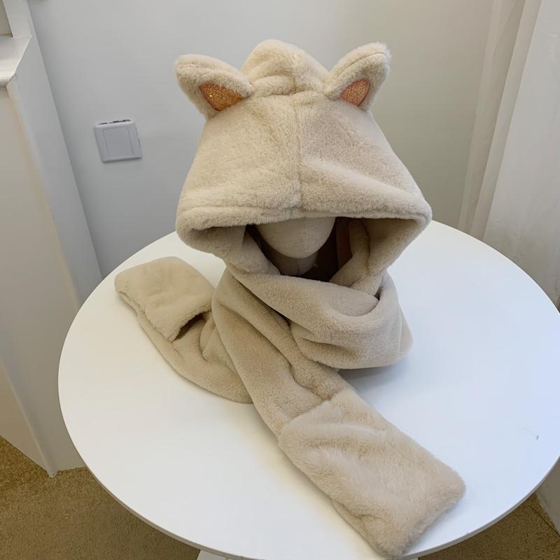 

Berets Women Winter Warm Soft FashionThickening Hood Scarf Snood Pocket Hats Gloves Hooded Srarves Hat Glove 3 Piece Sets, Khaki