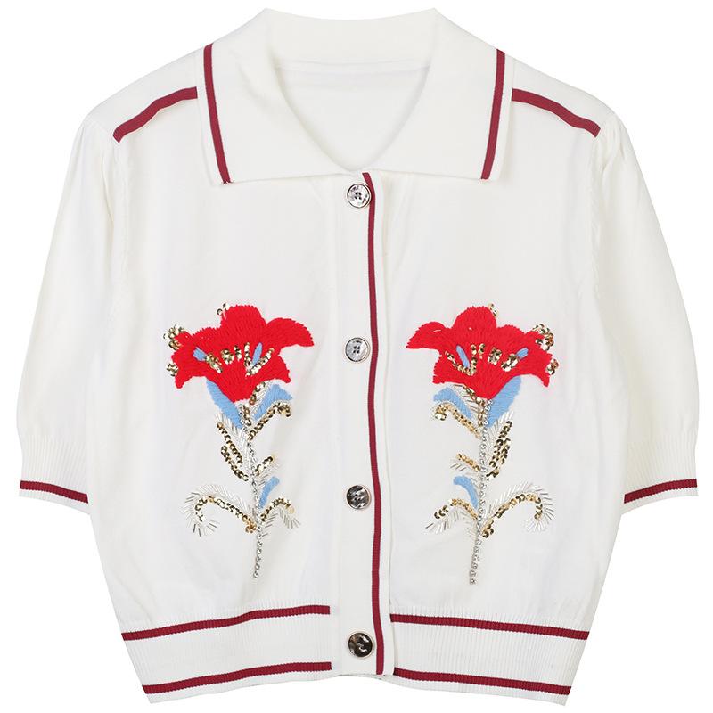 

Women' Knits & Tees 2022 Summer Neck Cardigan Knitted Sweater Beaded Sequins Embroidered Flowers Button Thin Short Top, Pink