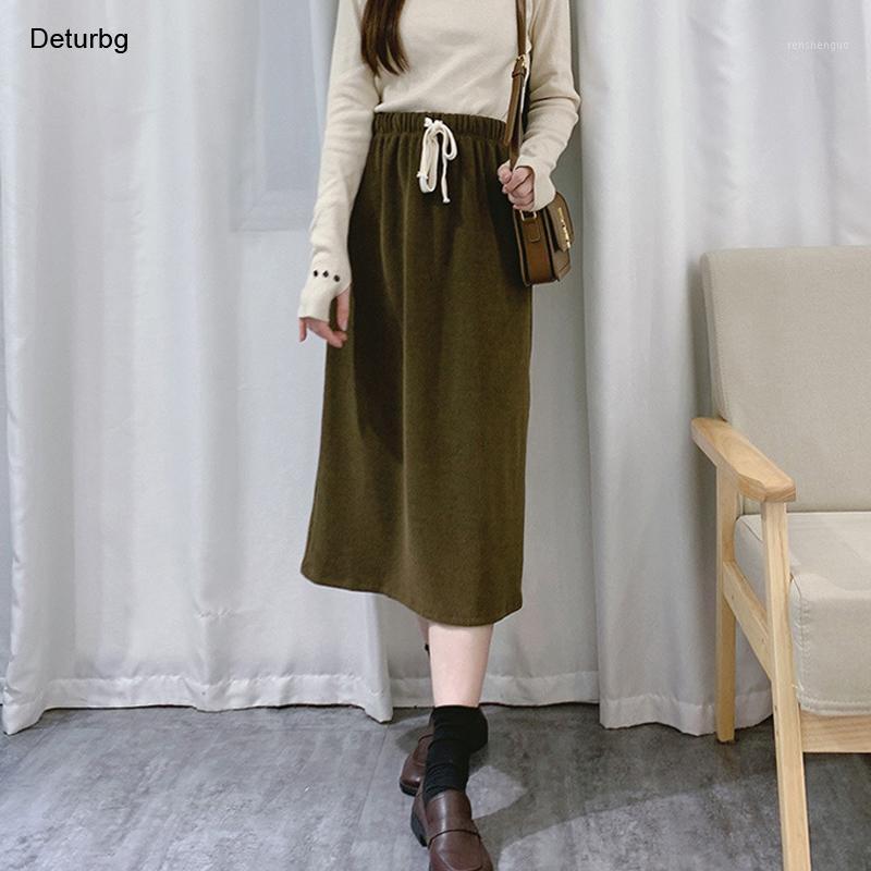 

Skirts Women's Elegant Stripes Corduroy Splits Skirt Korean Fashion Female High Waist Lace-Up Office OL Midi 2022 Winter SK981, Beige
