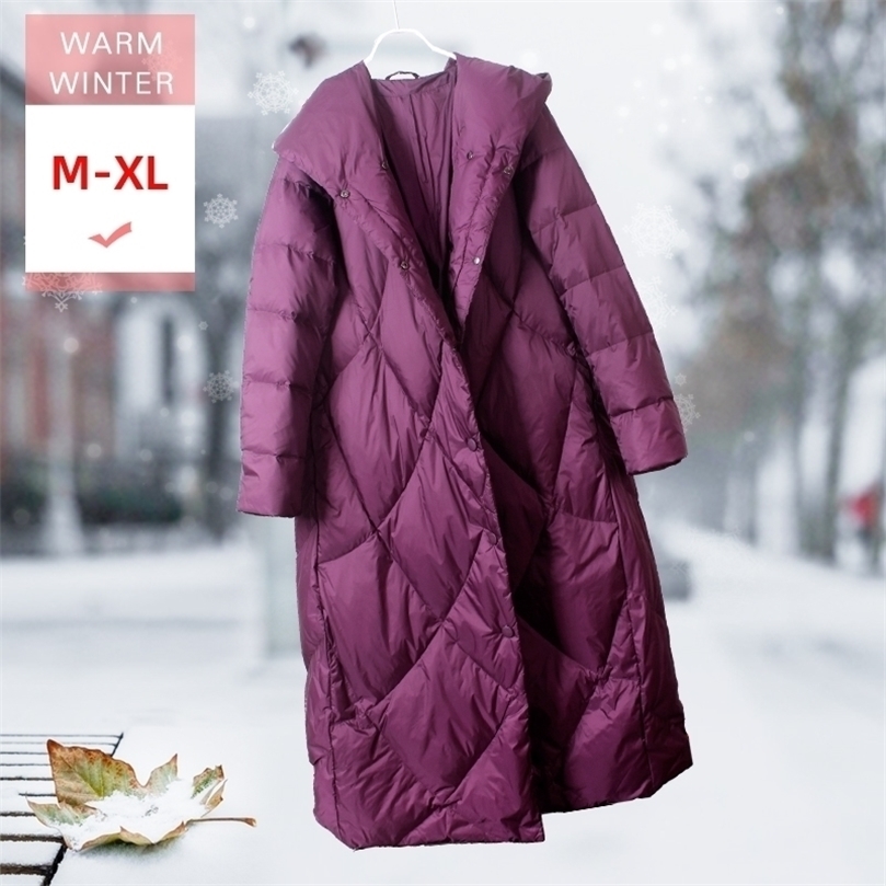

Fashion Long White Duck Down Jacket With Hood Female Ultral Light Casual Soft Warm Coat Windproof Larger Size Good Quanlity 201127, Purple