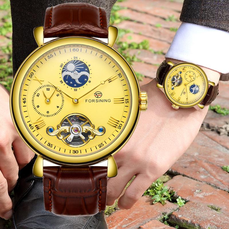 

Wristwatches Men Brand Golden Dual Time Zone Design Leather Strap Automatic Watch Tourbillon Moon Phase Mechanical WristwatchesWristwatches, White