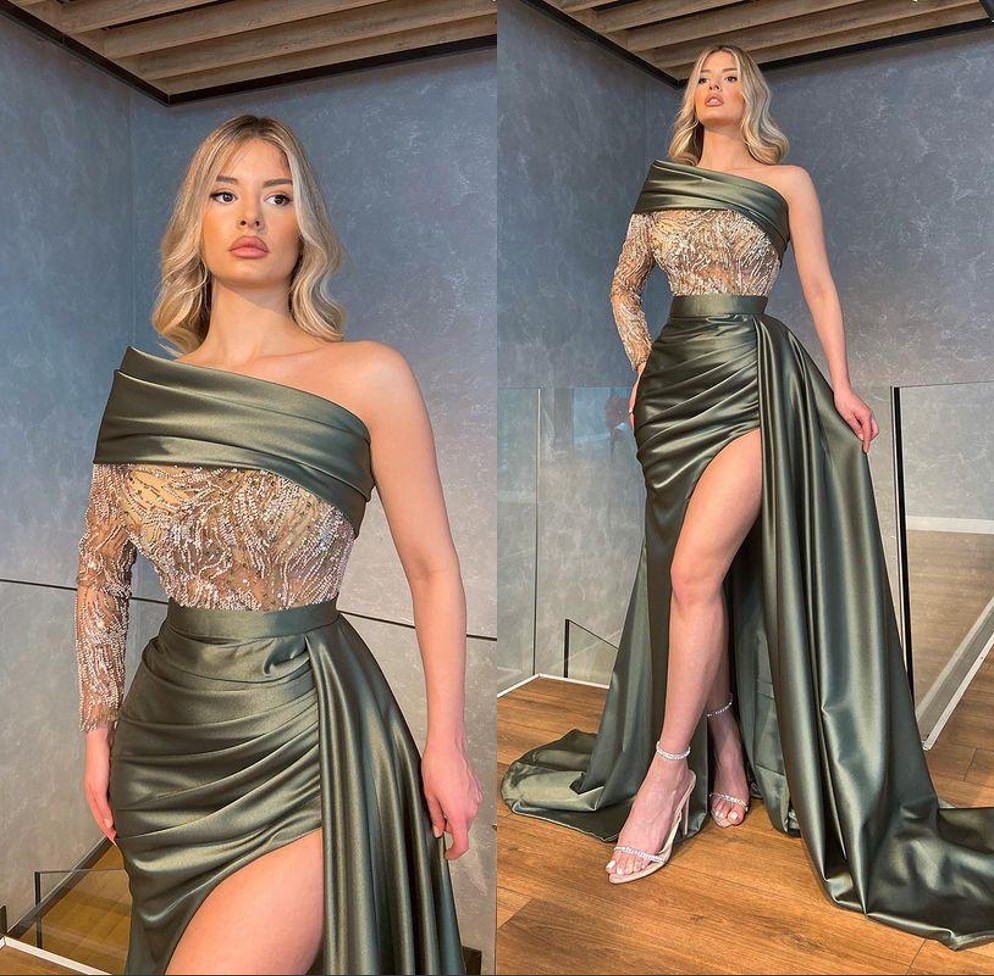 

Green Satin Long Evening Dresses 2022 ]One Shoulder Long Sleeve Ruched High Split Beaded Dubai Formal Party Floor Length Prom Dresses, Coral