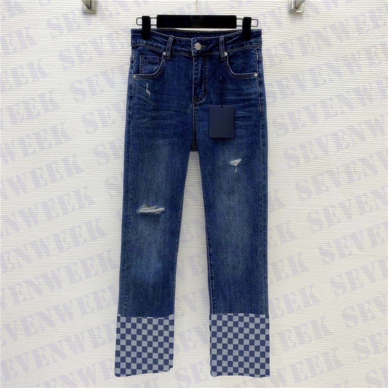 

2022-Fashion Womens Jeans Luxury Designer Denim Pant Distressed High Waist Straight Jean Slim Fit Trousers, Blue