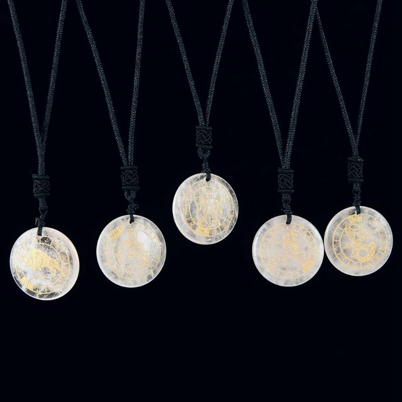 

Pendant Necklaces Natural White Crystal Necklace Handmade Carve 12 Constellations Pattern Reiki Healing Astrology JewelryPendant