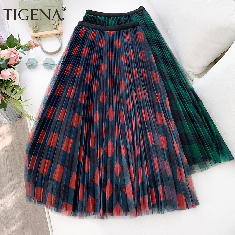 

TIGENA Cute Plaid Tulle Skirt Women Fashion Spring Summer Korean School Checked High Waist Pleated Maxi Skirt Female Lady Y200326, Green