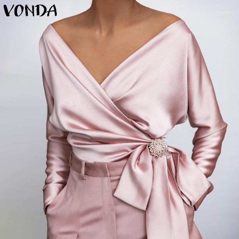 

Women' Blouses & Shirts VONDA 2022 Women Fashion Blouse Elegant Solid Color V Neck Tops Sexy Party Spring Long Sleeve Blusas Femininas, Green