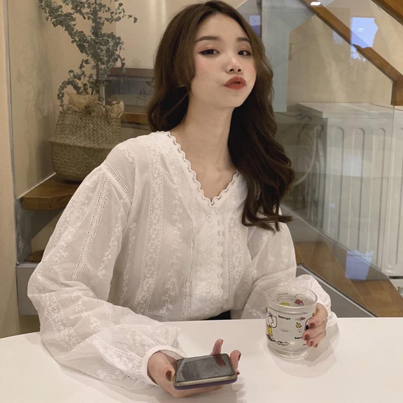 

Women' Blouses & Shirts Women Blouse Lace Chiffon Women' V-neck Long-Sleeved T-shirt 2022 Spring Loose Top Blusas Mujer De ModaWomen, White-1