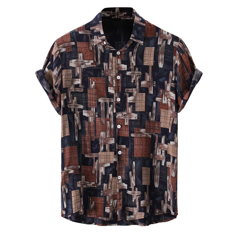 

Men' Casual Shirts Summer Vintage Printed Shirt Men' Short Sleeve Plaid For ManMen, Brown