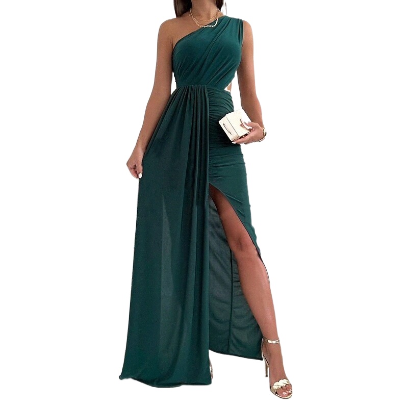 Robe de fête pour femmes Maxi Long Robe Green rouge beige sans manches pure Couleur patchwork froid épaule froide épaule froide élégante 2022 S M