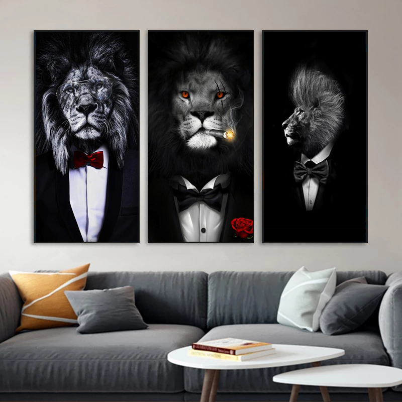 

Abstract Black Wild Lion In A Suit Canvas Paintings Posters and Lion Smoking A Cigar Painting Wall Art Pictures for Home Decor