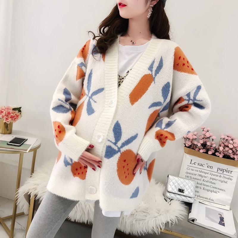 

Women's Knits & Tees Knit Plush Sweater Oversize Female Cardigan Fruit Printed Women's Coat Winter Loose Thicken JacketWomen's, Black