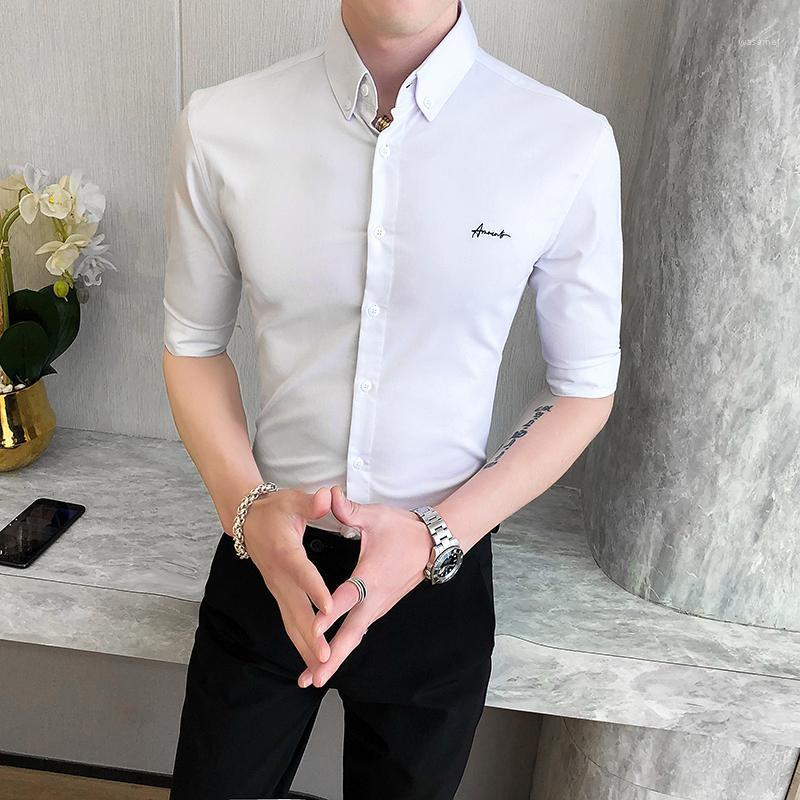 

British Style Summer Men Shirt Fashion 2022 Simple Embroidery Half Sleeve Mens Dress Shirts Slim Fit Casual Blouse Homme 3Colors Men's, Black