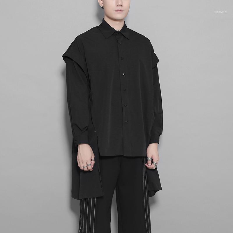 

Men' Autumn Dark Department Of Personality Three-dimensional Cut Stitching Loose With Black Shirt Long Sleeve Men Casual Shirts