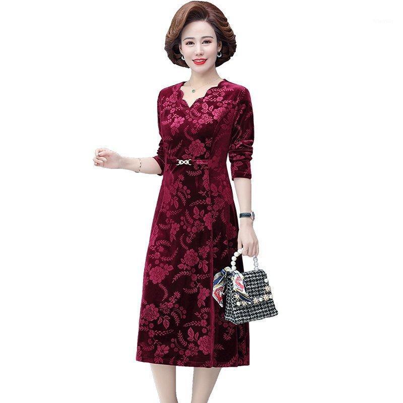 

Casual Dresses Elegant Winter Velvet Dress Women Jacquard V Neck Long Sleeves Autumn French Vintage Red Blue Calf Length Vestidos, Burgundy