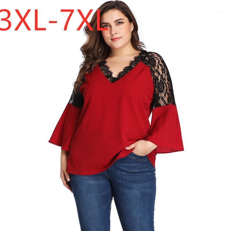 

Spring Autumn Plus Size Tops For Women Large Blouse Long Sleeve Loose Casual Red Lace V Neck Shirt 3XL  5XL 6XL 7XL Women's Blouses & Shi
