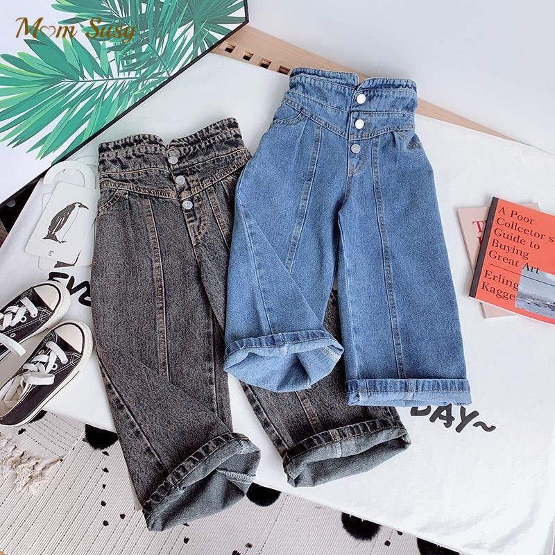 

Fashion Baby Girl Jean Pant Cotton Wide Leg Toddler Teen Child Denim Trousers High Waist Button Girl Loose Pant Clothes 214Y 220614, Black